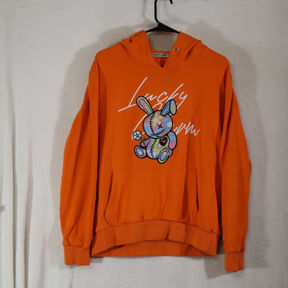 Lucky Charm Orange Hoodie Size S Floral Patchwork Bunny Embroidered Streetwear